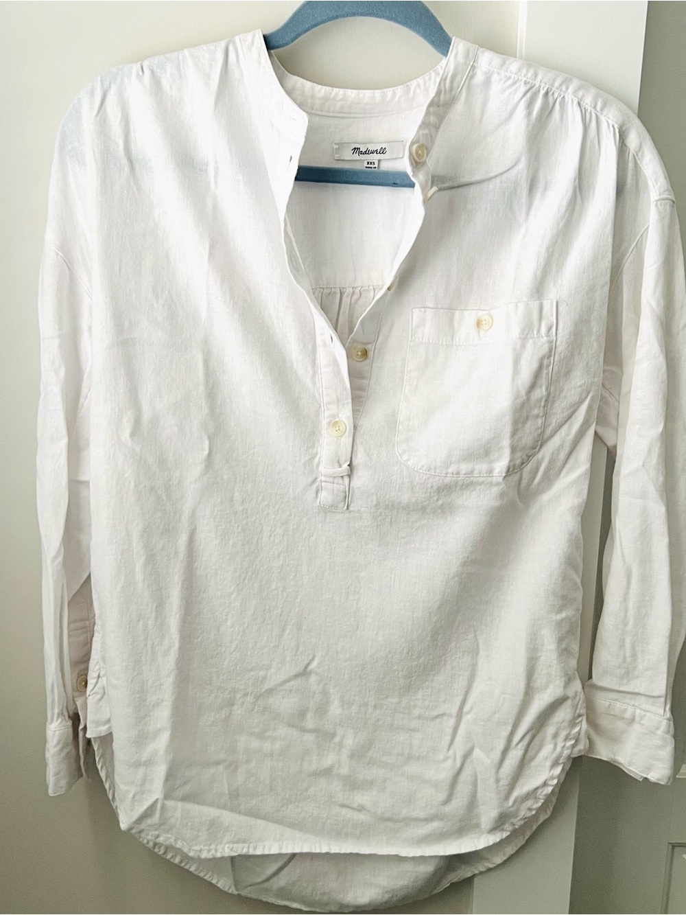 Madewell Men’s White Popover Grandad Collar Linen Blend Shirt